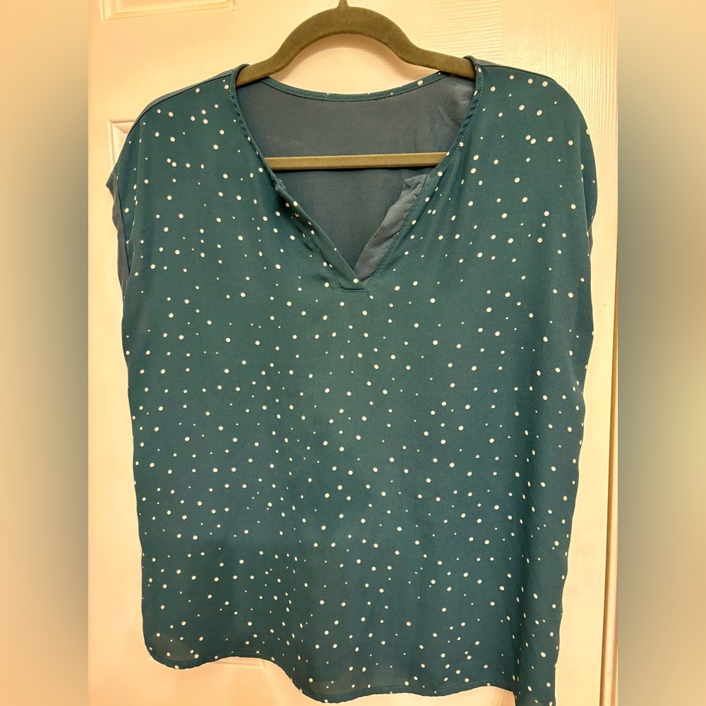Papermoon Teal Green Polka Dot Blouse Flowy V-Neck Top Workwear Medium